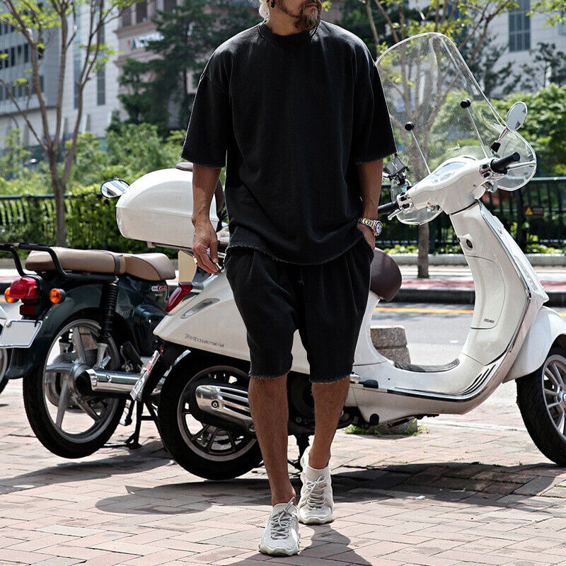Lo último Conjunto de Verano Para Hombre Color Sólido Cuello Redondo Camiseta Manga Corta Pantalones Cortos Sueltos Se - Imagen 19 de 26