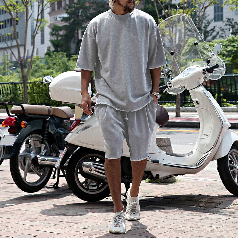 Lo último Conjunto de Verano Para Hombre Color Sólido Cuello Redondo Camiseta Manga Corta Pantalones Cortos Sueltos Se - Imagen 20 de 26