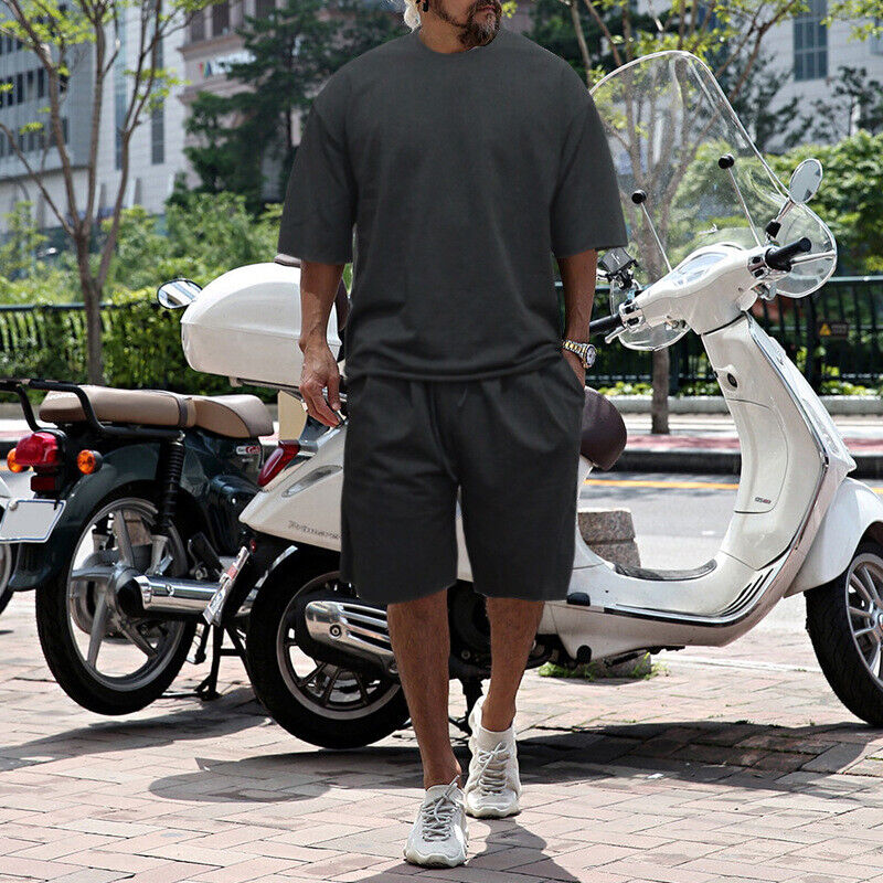 Lo último Conjunto de Verano Para Hombre Color Sólido Cuello Redondo Camiseta Manga Corta Pantalones Cortos Sueltos Se - Imagen 21 de 26