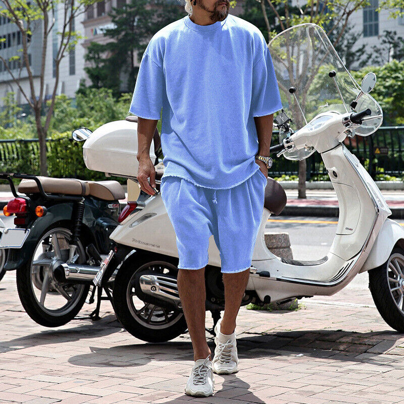 Lo último Conjunto de Verano Para Hombre Color Sólido Cuello Redondo Camiseta Manga Corta Pantalones Cortos Sueltos Se - Imagen 22 de 26