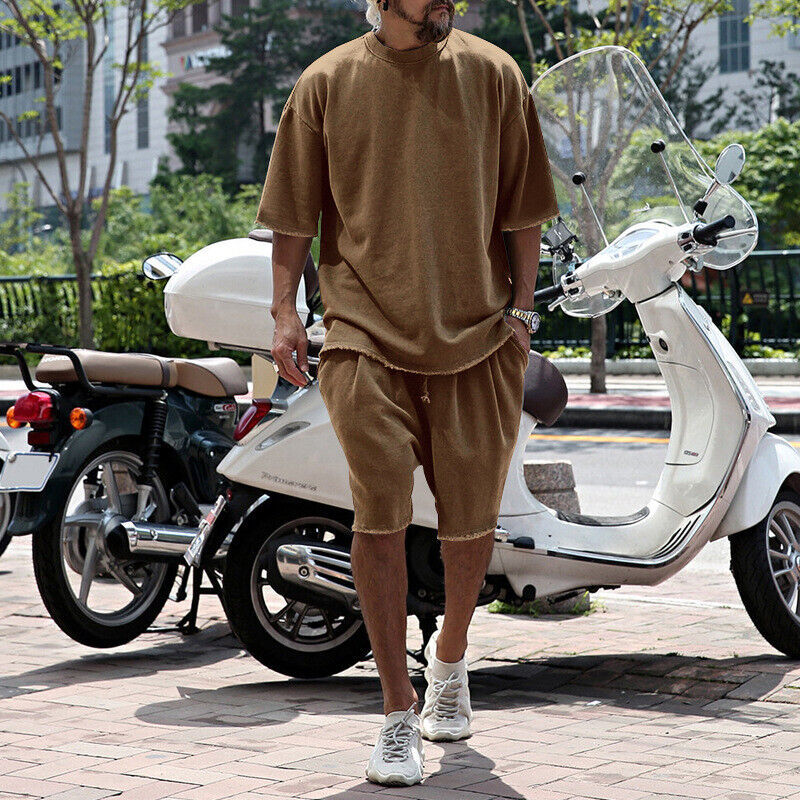 Lo último Conjunto de Verano Para Hombre Color Sólido Cuello Redondo Camiseta Manga Corta Pantalones Cortos Sueltos Se - Imagen 23 de 26