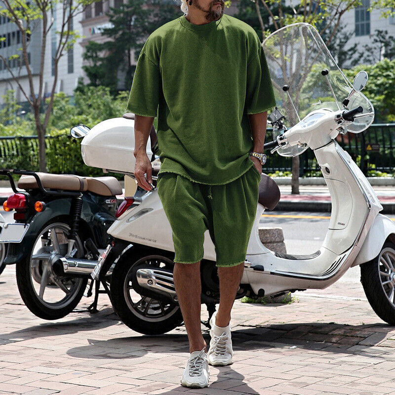 Lo último Conjunto de Verano Para Hombre Color Sólido Cuello Redondo Camiseta Manga Corta Pantalones Cortos Sueltos Se - Imagen 24 de 26