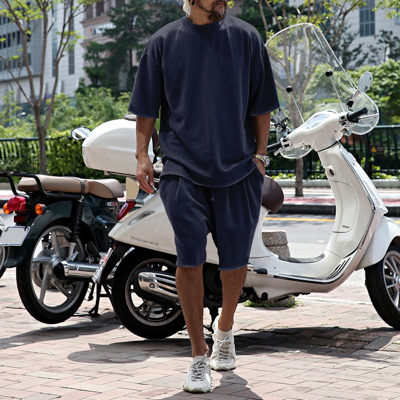 Lo último Conjunto de Verano Para Hombre Color Sólido Cuello Redondo Camiseta Manga Corta Pantalones Cortos Sueltos Se - Imagen 25 de 26
