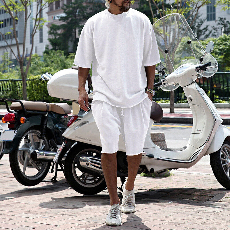Lo último Conjunto de Verano Para Hombre Color Sólido Cuello Redondo Camiseta Manga Corta Pantalones Cortos Sueltos Se - Imagen 26 de 26