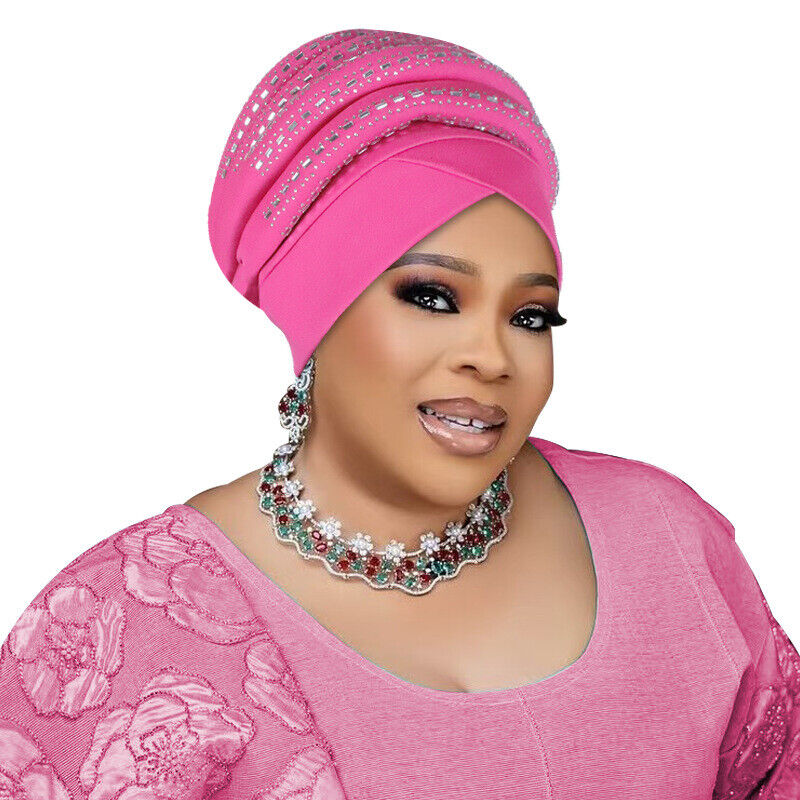 Rhinestone African Women Wrap Cap Aso Oke Headtie Auto Gele Nigerian Turban Hat - Picture 25 of 34
