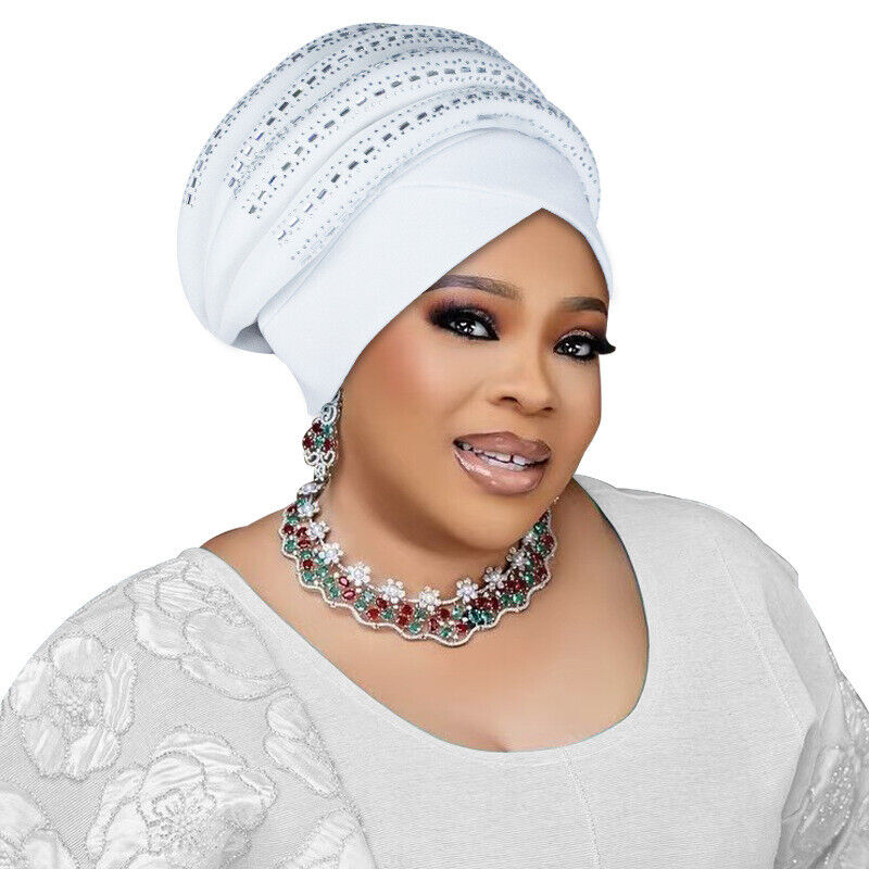 Rhinestone African Women Wrap Cap Aso Oke Headtie Auto Gele Nigerian Turban Hat - Picture 26 of 34