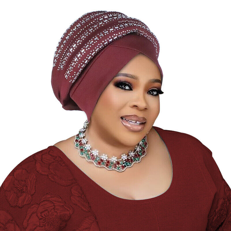 Rhinestone African Women Wrap Cap Aso Oke Headtie Auto Gele Nigerian Turban Hat - Picture 27 of 34