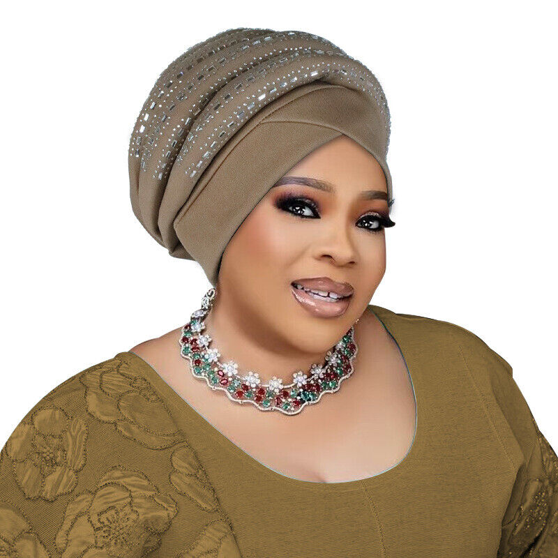 Rhinestone African Women Wrap Cap Aso Oke Headtie Auto Gele Nigerian Turban Hat - Picture 28 of 34