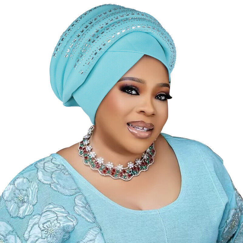 Rhinestone African Women Wrap Cap Aso Oke Headtie Auto Gele Nigerian Turban Hat - Picture 29 of 34