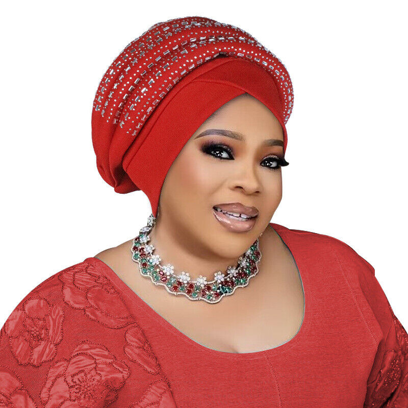 Rhinestone African Women Wrap Cap Aso Oke Headtie Auto Gele Nigerian Turban Hat - Picture 31 of 34