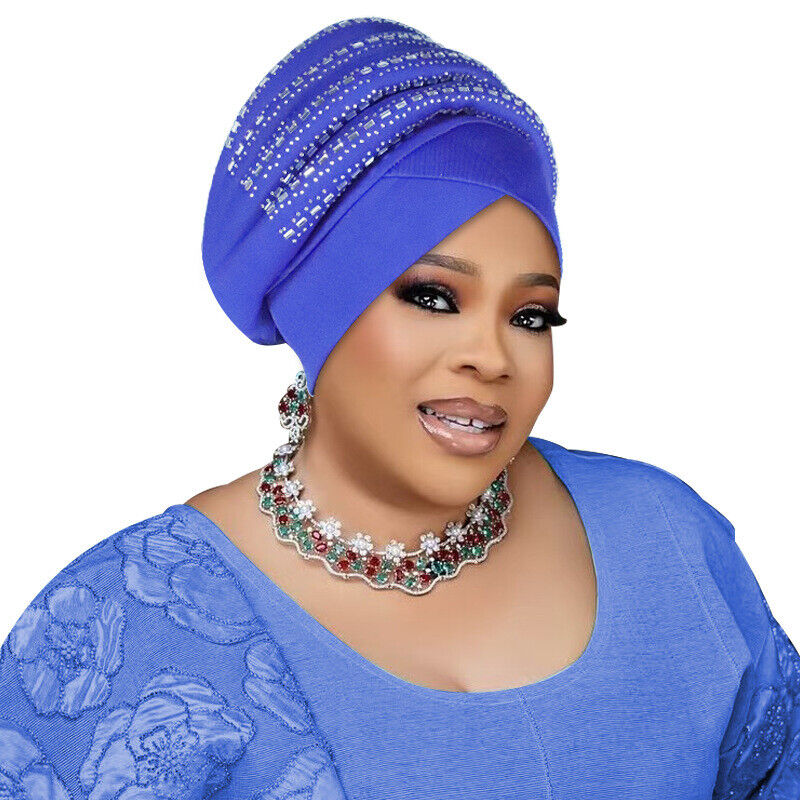 Rhinestone African Women Wrap Cap Aso Oke Headtie Auto Gele Nigerian Turban Hat - Picture 32 of 34