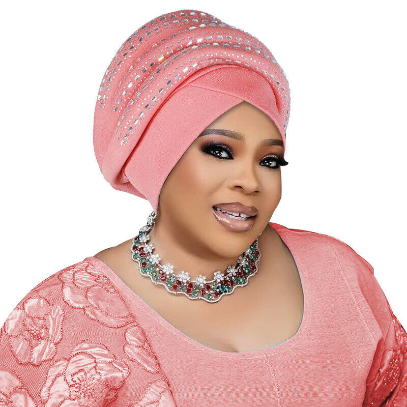 Rhinestone African Women Wrap Cap Aso Oke Headtie Auto Gele Nigerian Turban Hat - Picture 33 of 34