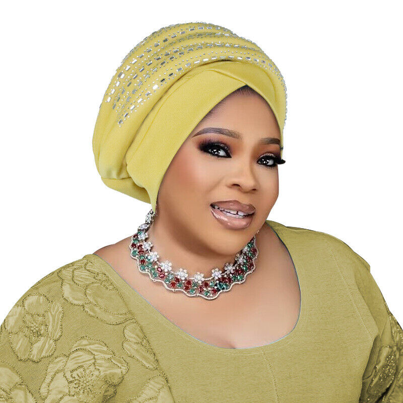 Rhinestone African Women Wrap Cap Aso Oke Headtie Auto Gele Nigerian Turban Hat - Picture 34 of 34