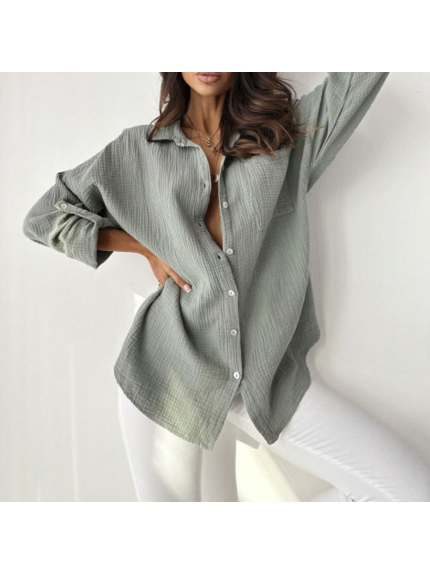 Women's Long Sleeve Button Down Crinkled Blouse With Chest Pocke - Bild 8 von 9