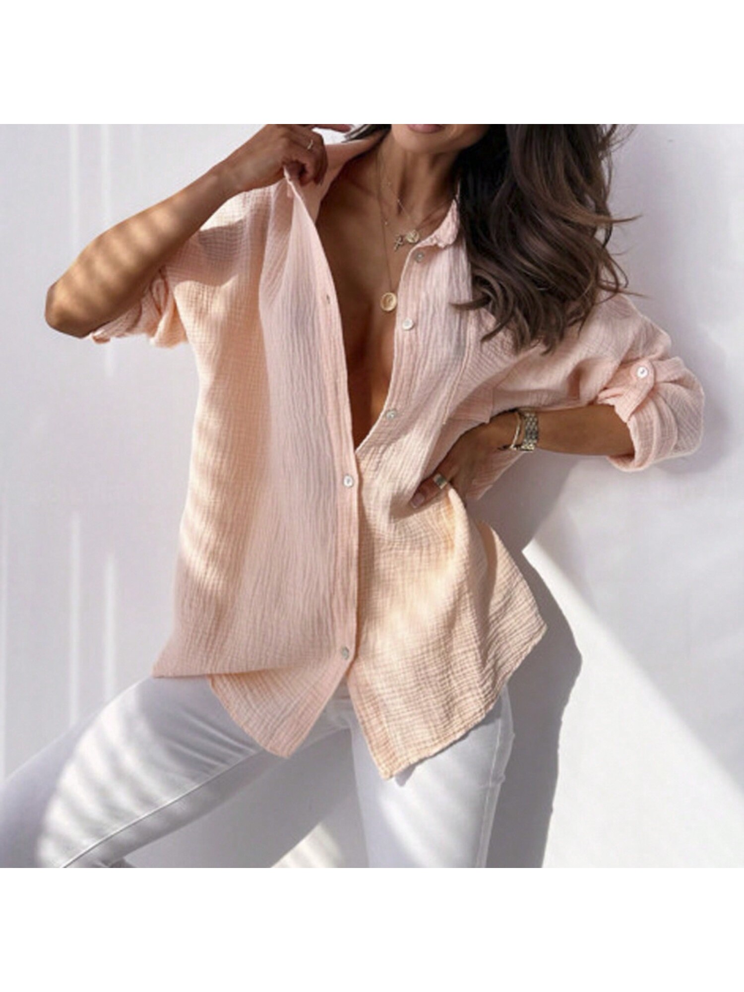 Women's Long Sleeve Button Down Crinkled Blouse With Chest Pocke - Bild 9 von 9