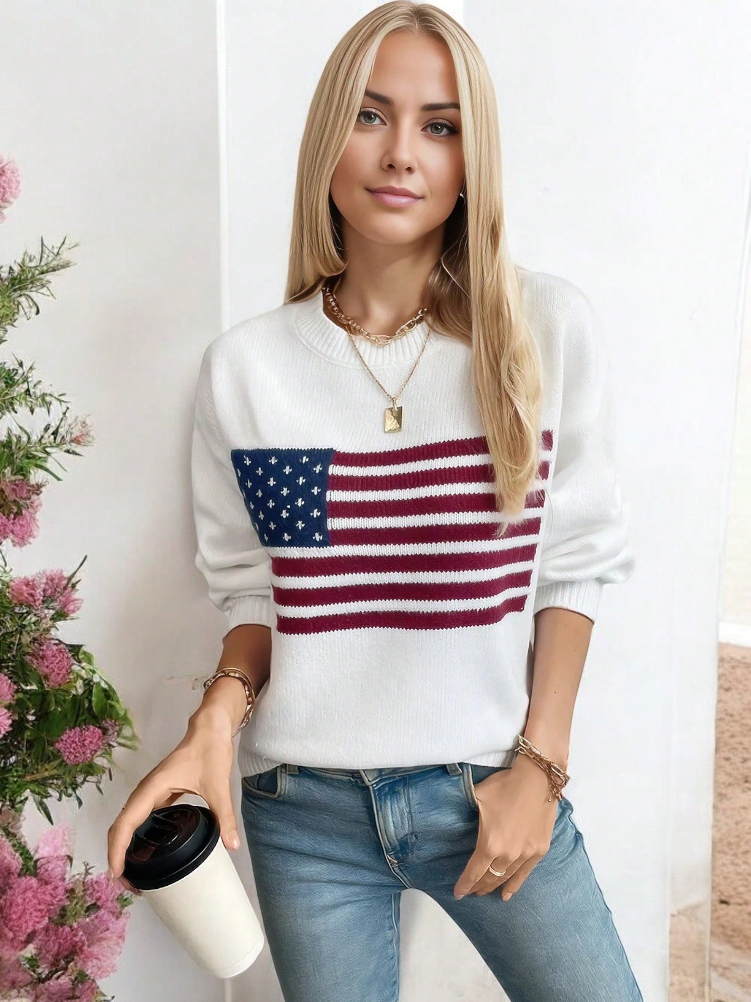Damen Strickpullover mit amerikanischer Flagge, Rundhalsausschnitt und langen Ärmeln - Bild 6 von 6