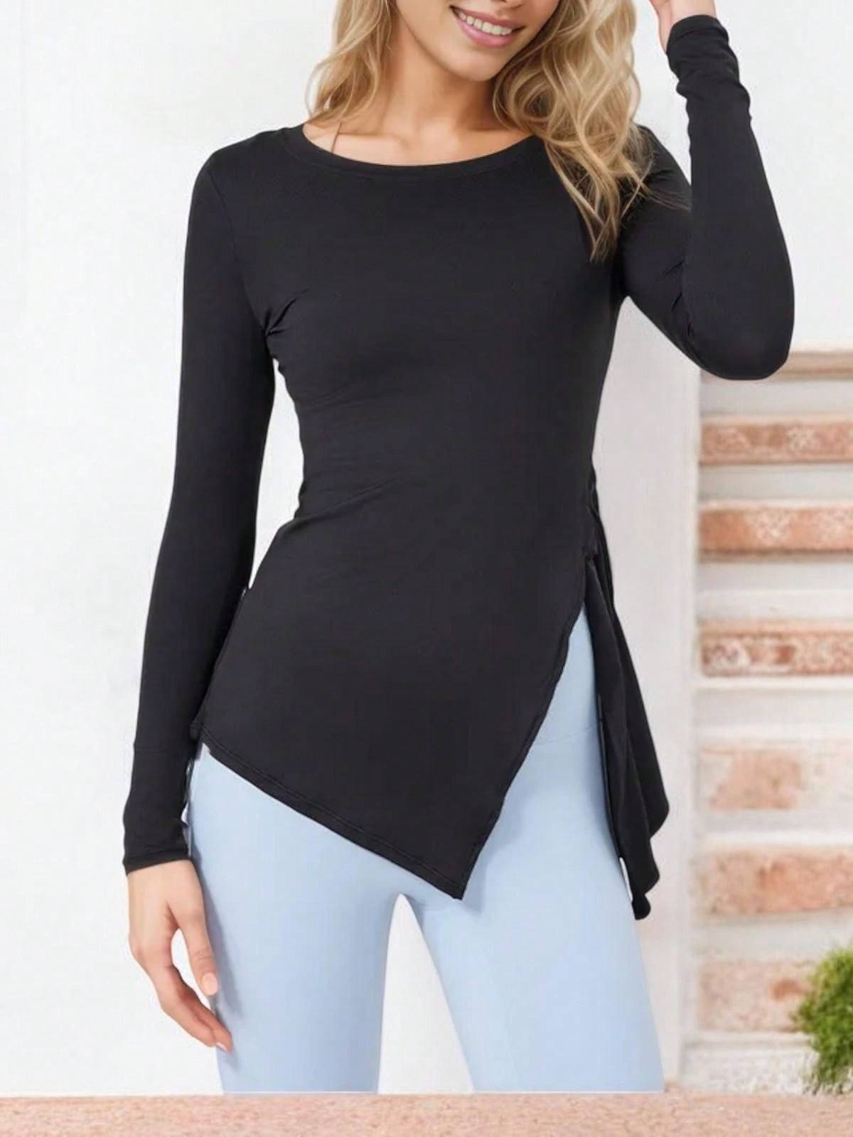 Top para mujer manga larga dobladillo asimétrico cuello redondo con elegante abertura lateral - Imagen 15 de 16