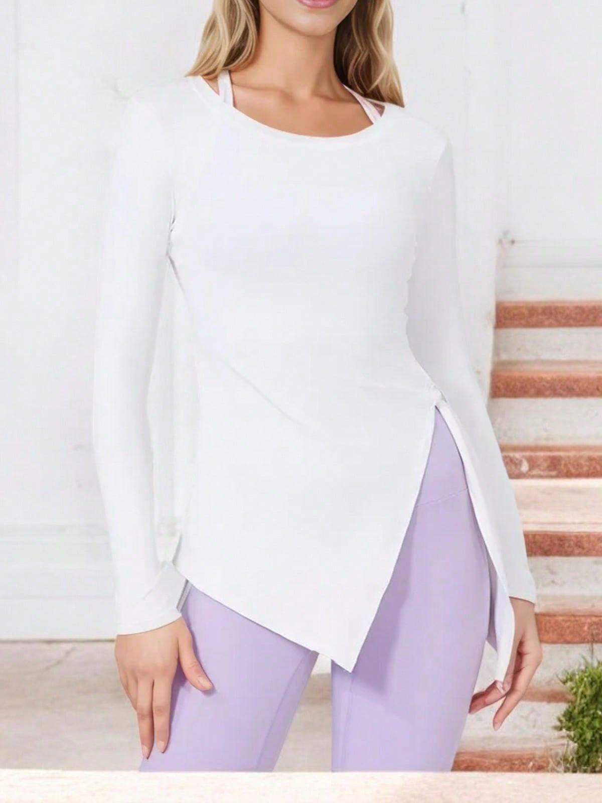 Top para mujer manga larga dobladillo asimétrico cuello redondo con elegante abertura lateral - Imagen 13 de 16