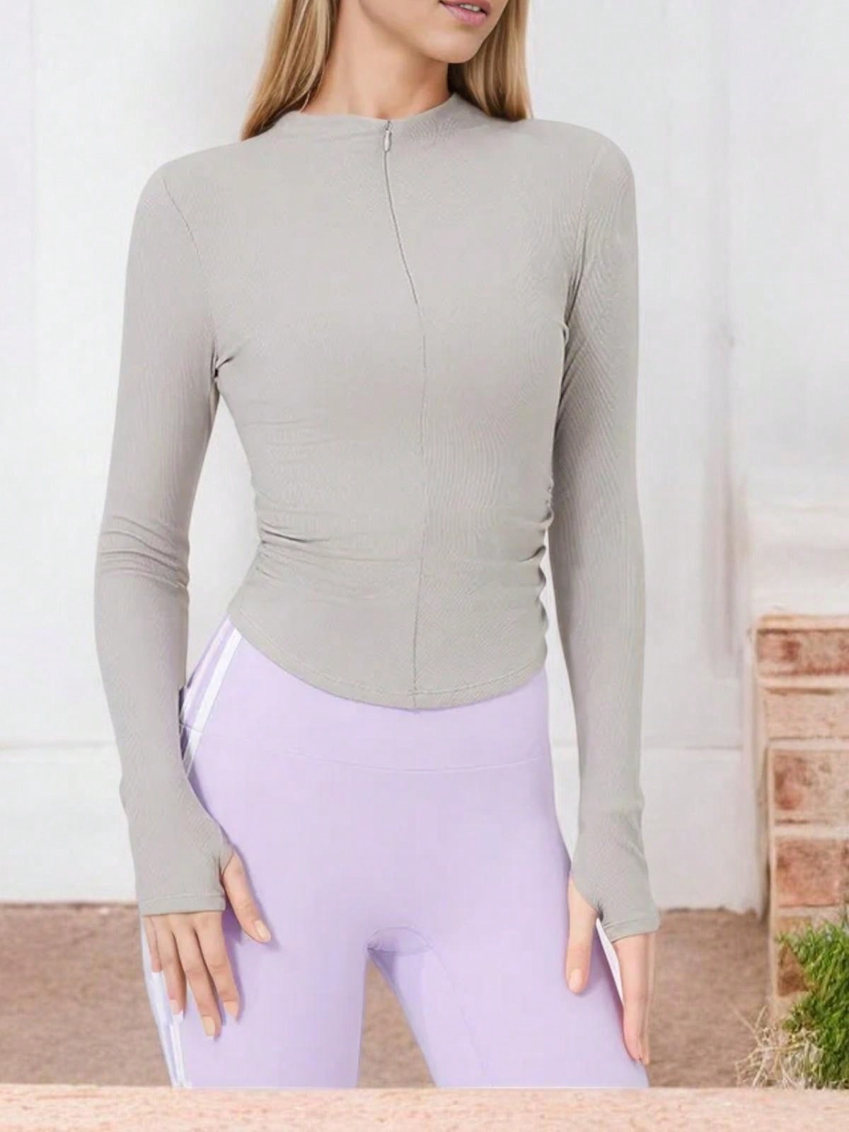 Women's Long Sleeve Zipper Front Athletic Top With Thumbhole Cuffs And Fitted De - Picture 18 of 22