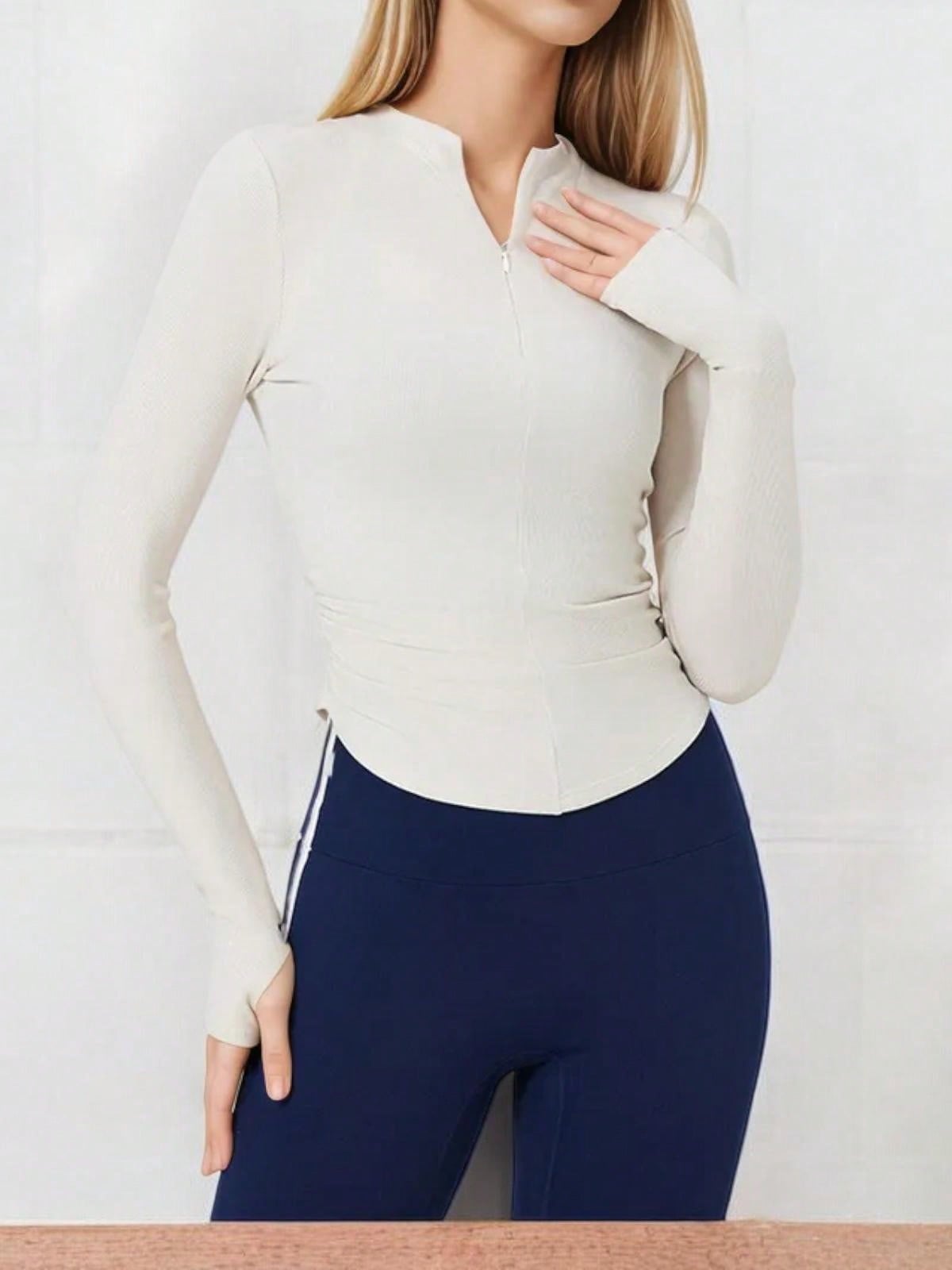 Women's Long Sleeve Zipper Front Athletic Top With Thumbhole Cuffs And Fitted De - Picture 21 of 22