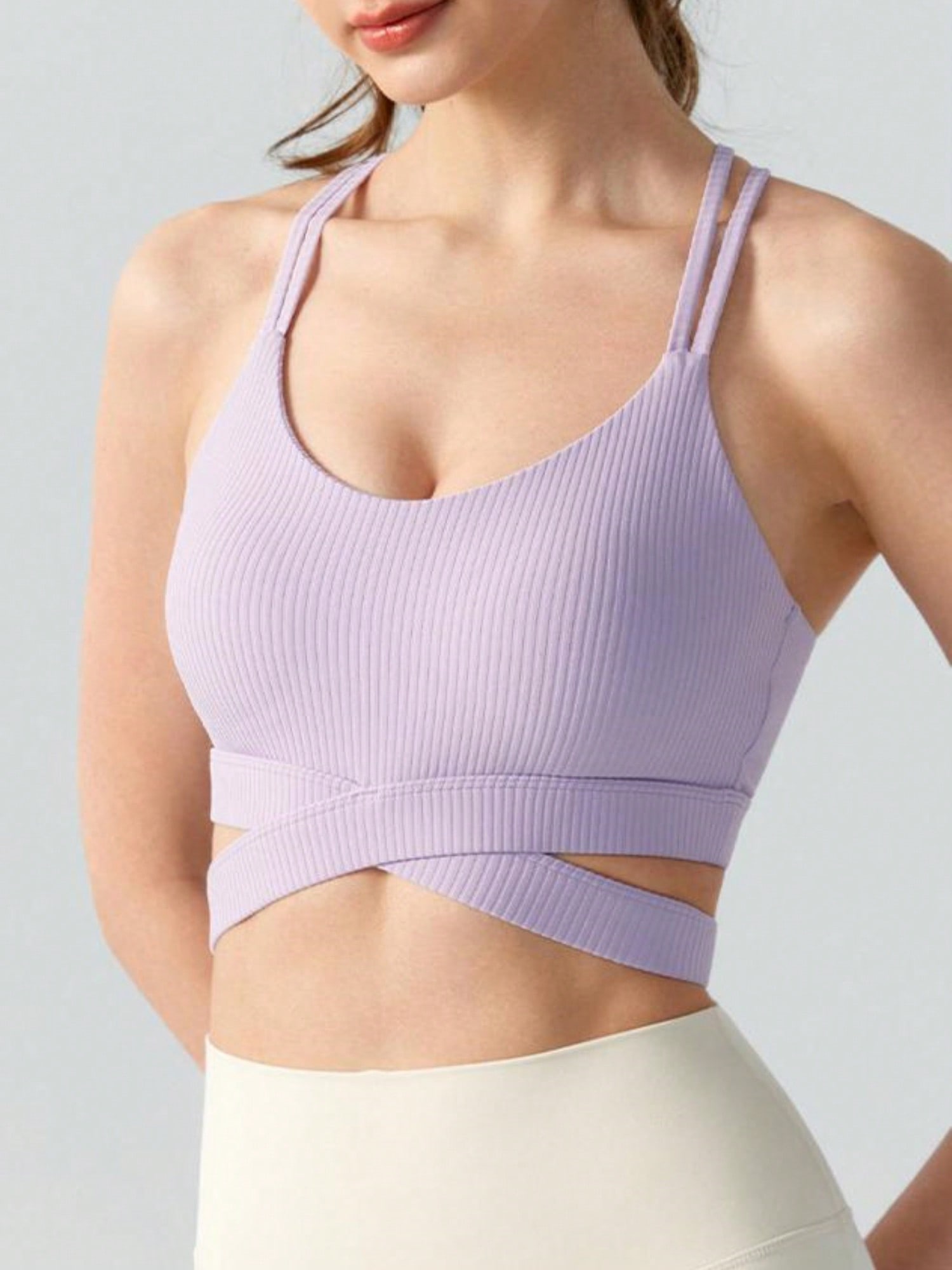 Damen Sport-BH gerippt mit Kreuzriemen und Doppelträgern - Bild 16 von 16