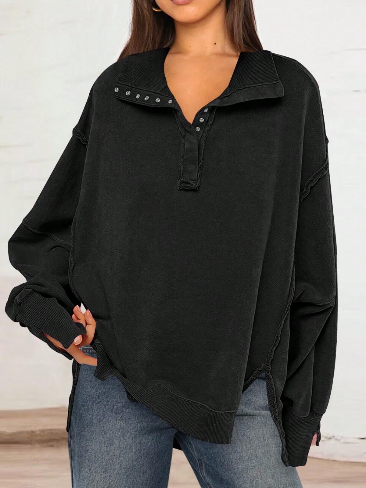 Women's Long Sleeve Pullover Top With Button Neck And Raw Hem Detail - Bild 12 von 12