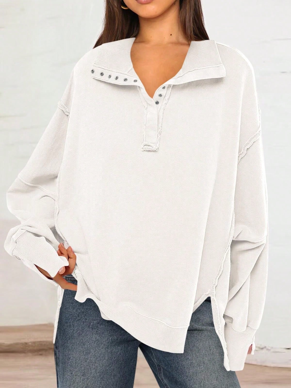 Women's Long Sleeve Pullover Top With Button Neck And Raw Hem Detail - Bild 10 von 12