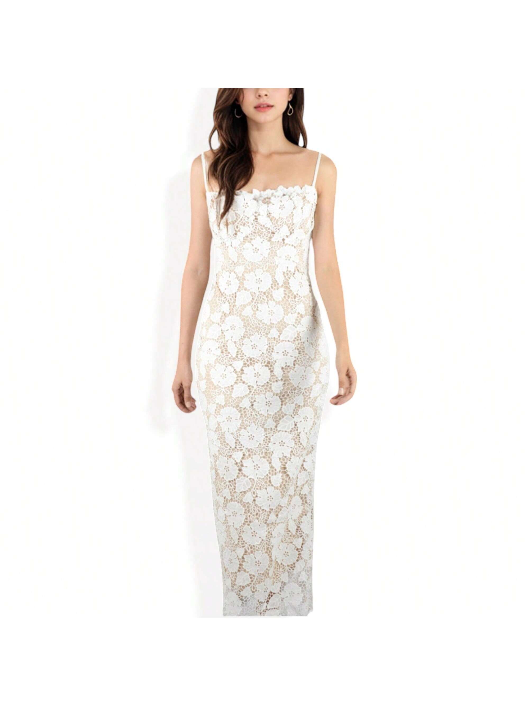 Women's Floral Lace Maxi Dress With Spaghetti Straps And Scalloped Hem - Picture 6 of 6
