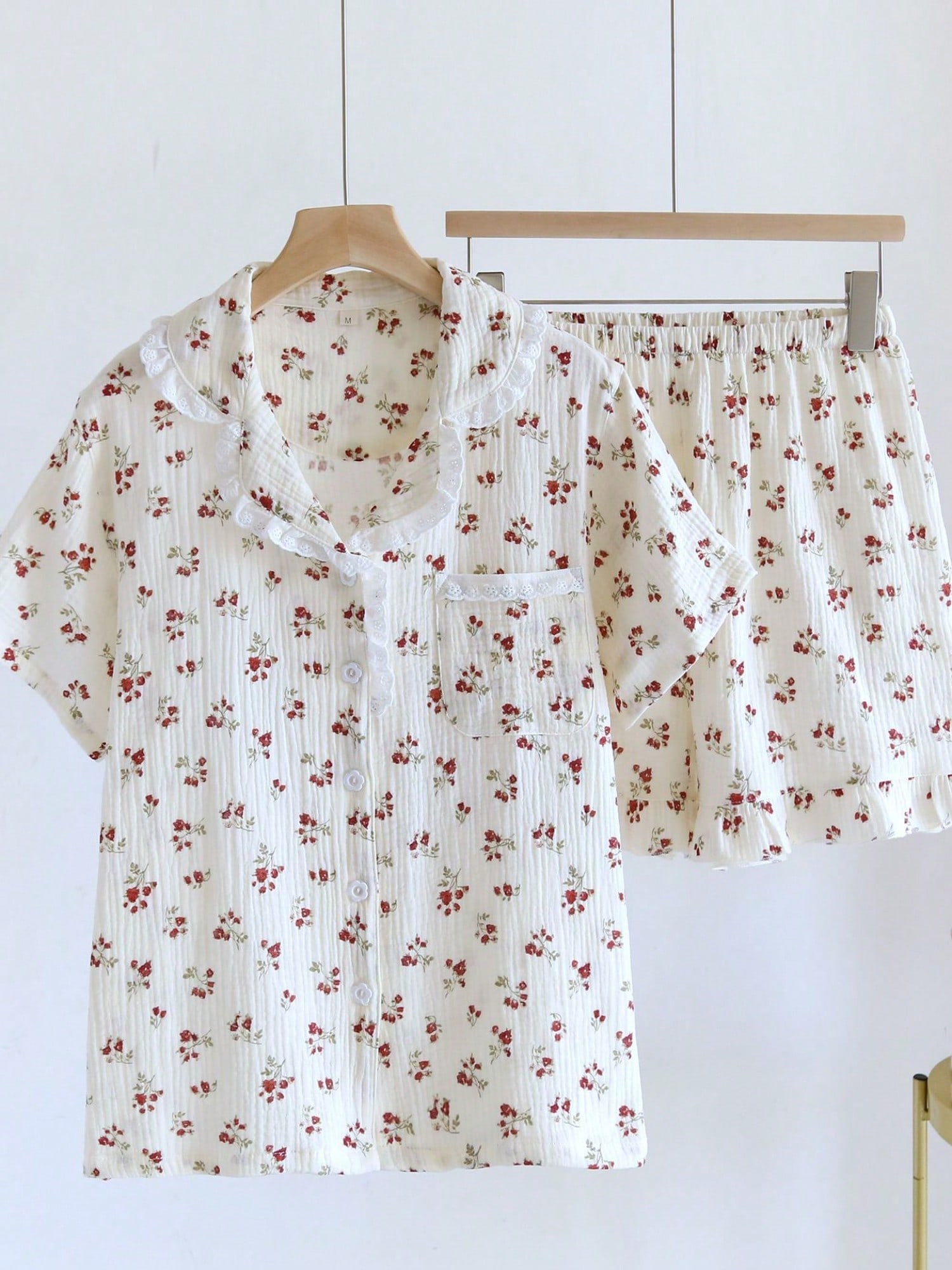 Women's Short Sleeve Floral Pajama Set With Button Front And Ruffle Hem - Picture 6 of 6