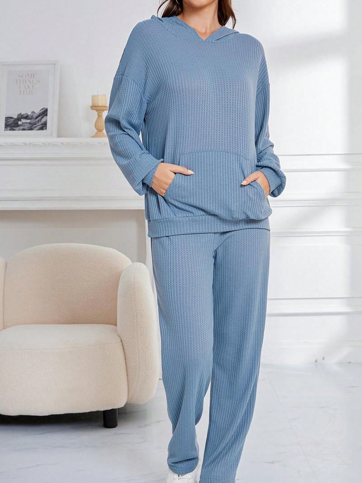 Damen Waffel Strick Hoodie Lounge Set mit Fronttasche und Relaxed Fit Hose - Bild 17 von 18