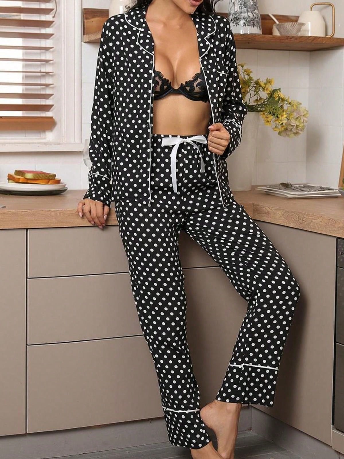 Damen Pyjama Set gepunktet Langarm mit Knopfleiste Oberteil und Kordelzug Hose - Bild 6 von 6