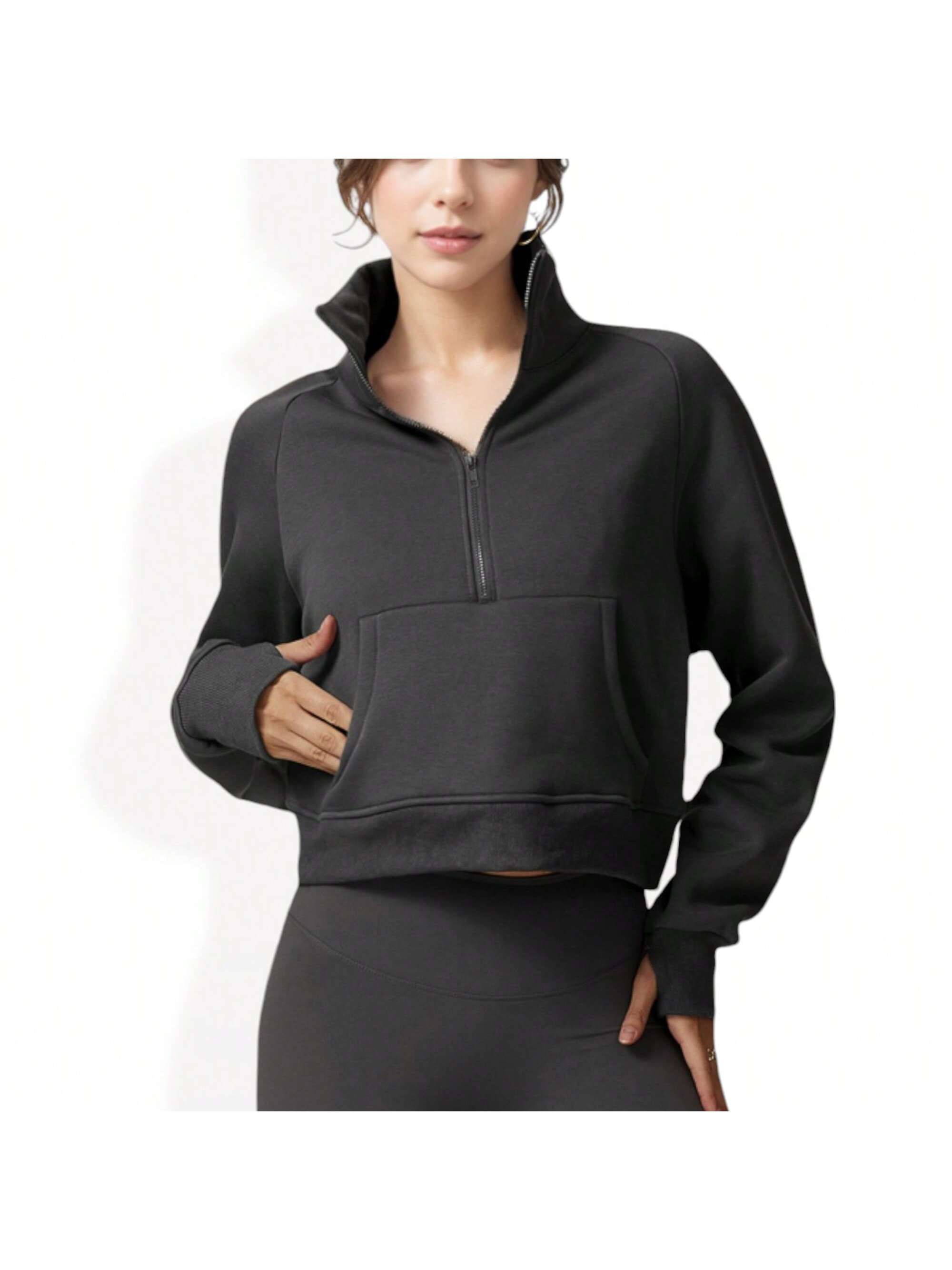 Women's Cropped Half Zip Pullover Hoodie With Front Pocket - Bild 25 von 29