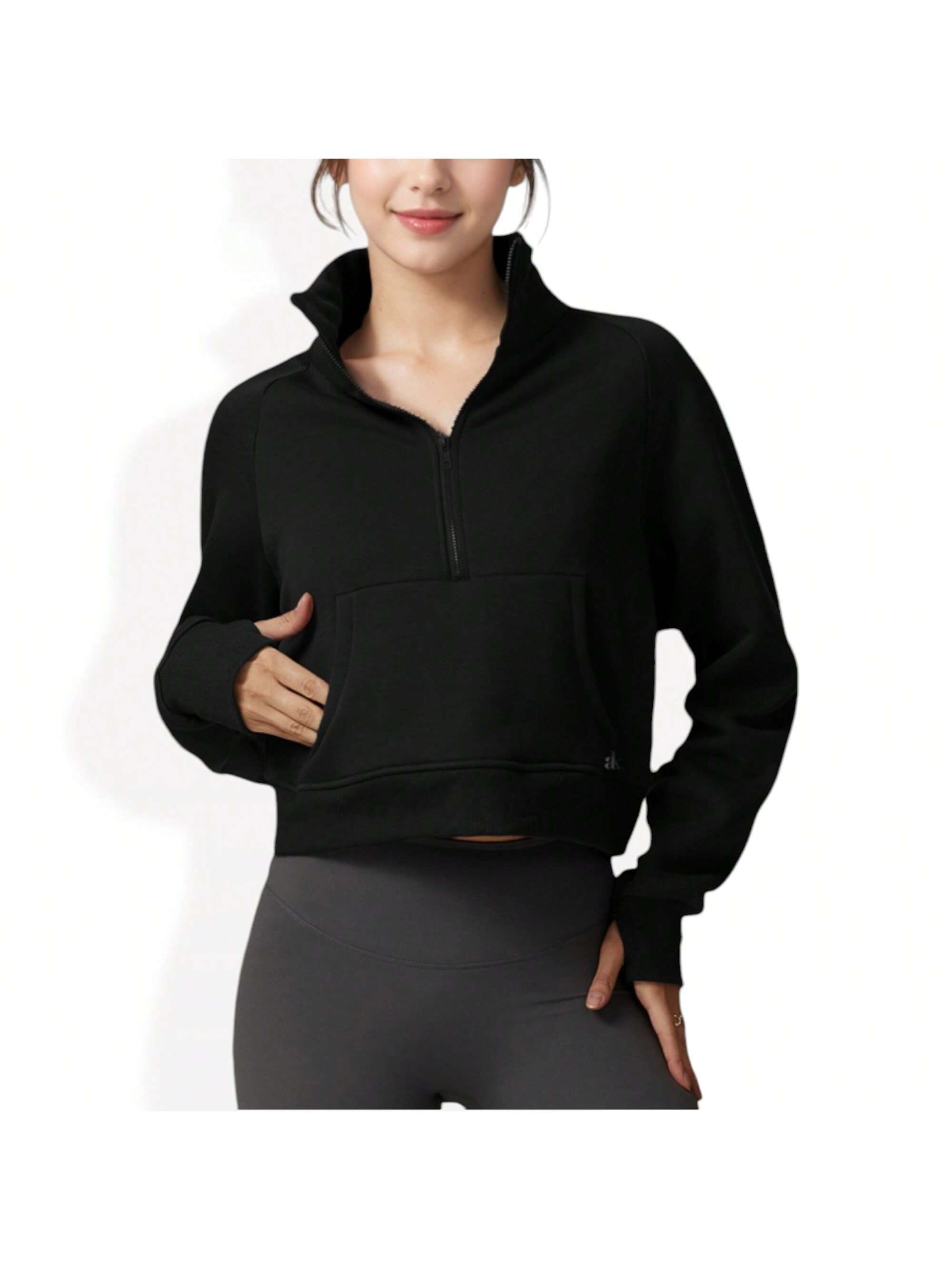 Women's Cropped Half Zip Pullover Hoodie With Front Pocket - Bild 26 von 29