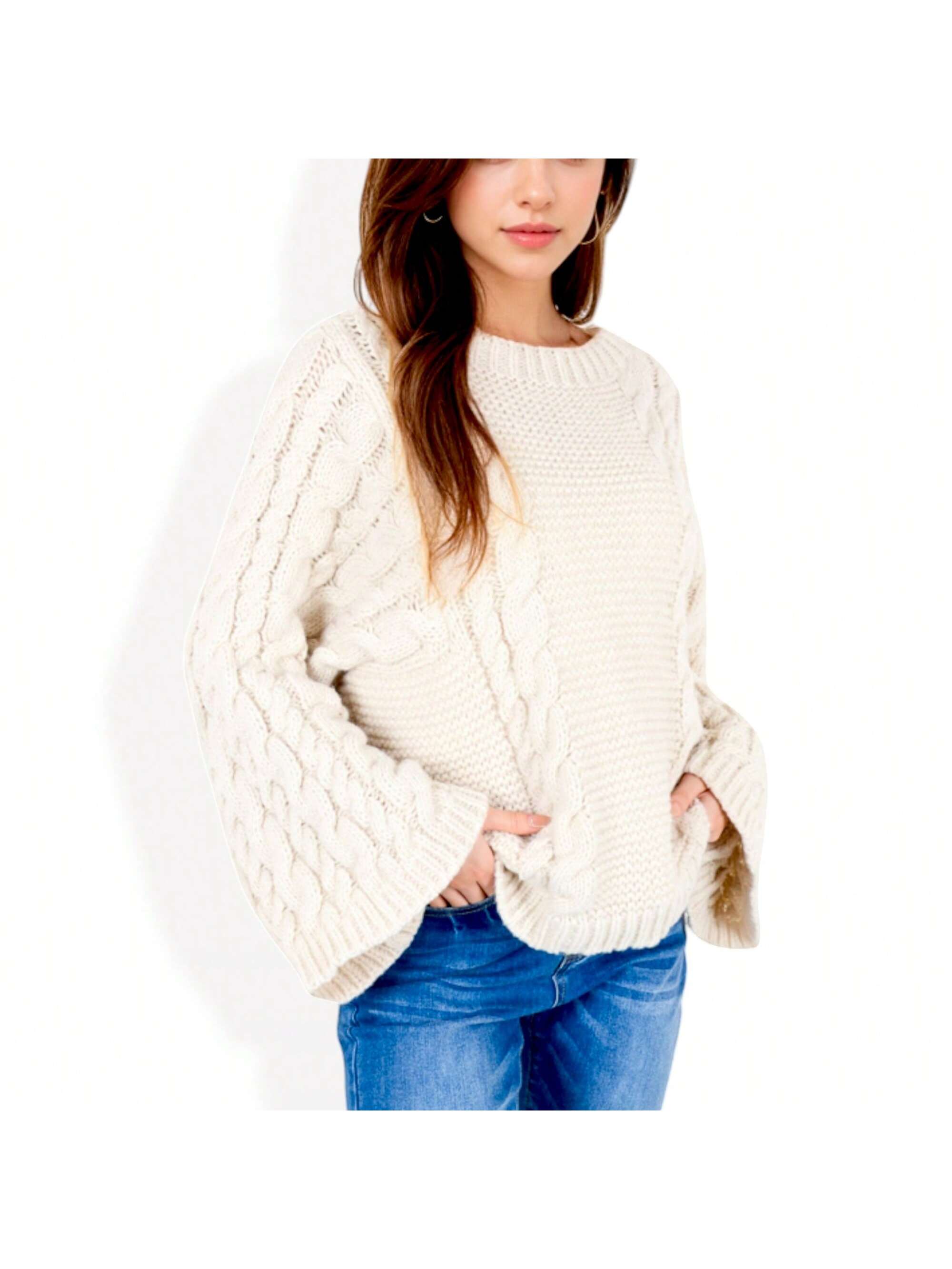 Suéter tejido con cable para mujer con mangas largas de campana - Imagen 11 de 12