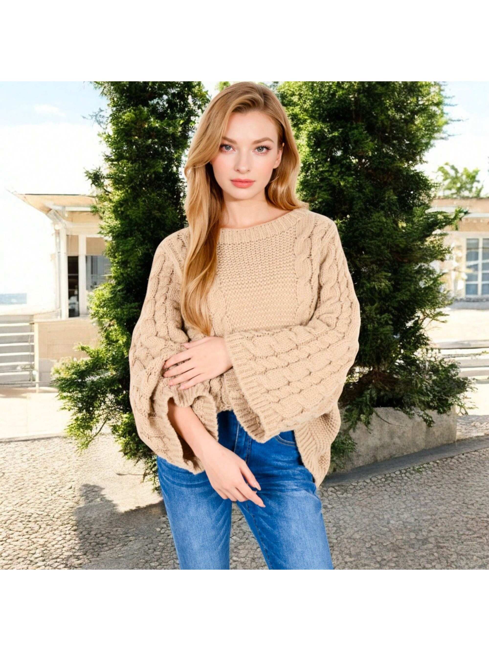 Suéter tejido con cable para mujer con mangas largas de campana - Imagen 12 de 12