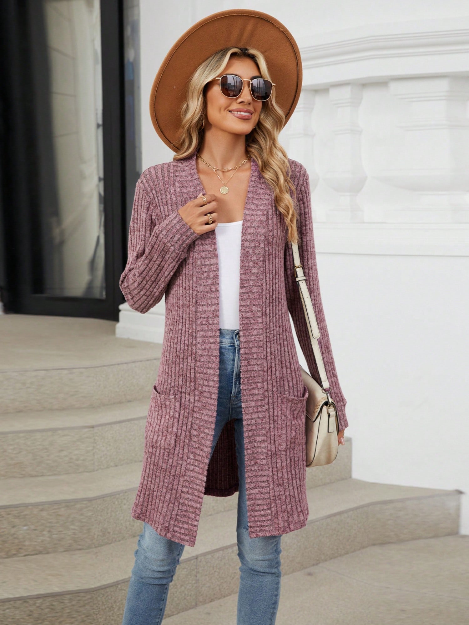 Rippstrickjacke Damen vorne offen mit Fronttaschen - Bild 23 von 24