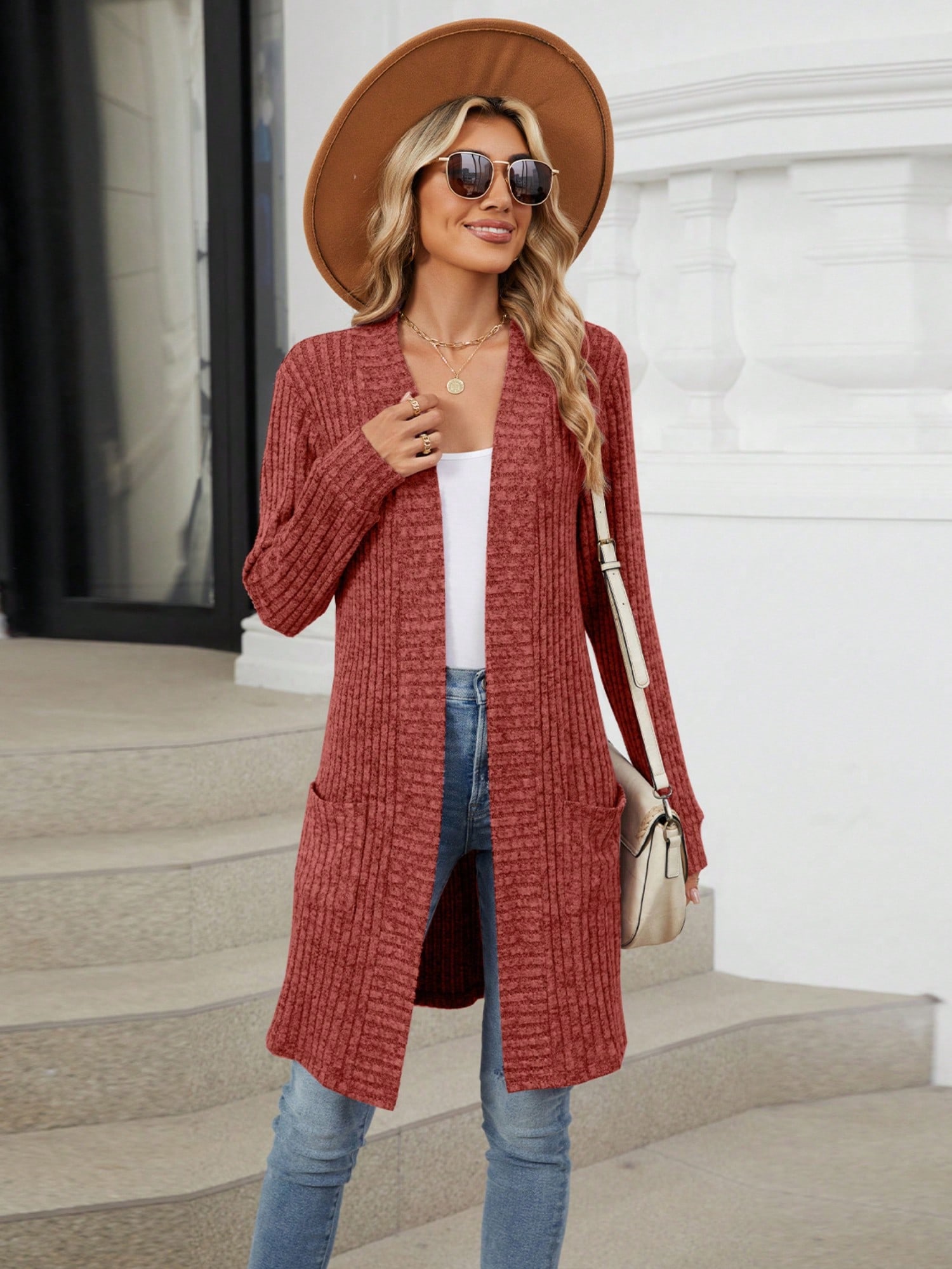 Rippstrickjacke Damen vorne offen mit Fronttaschen - Bild 24 von 24