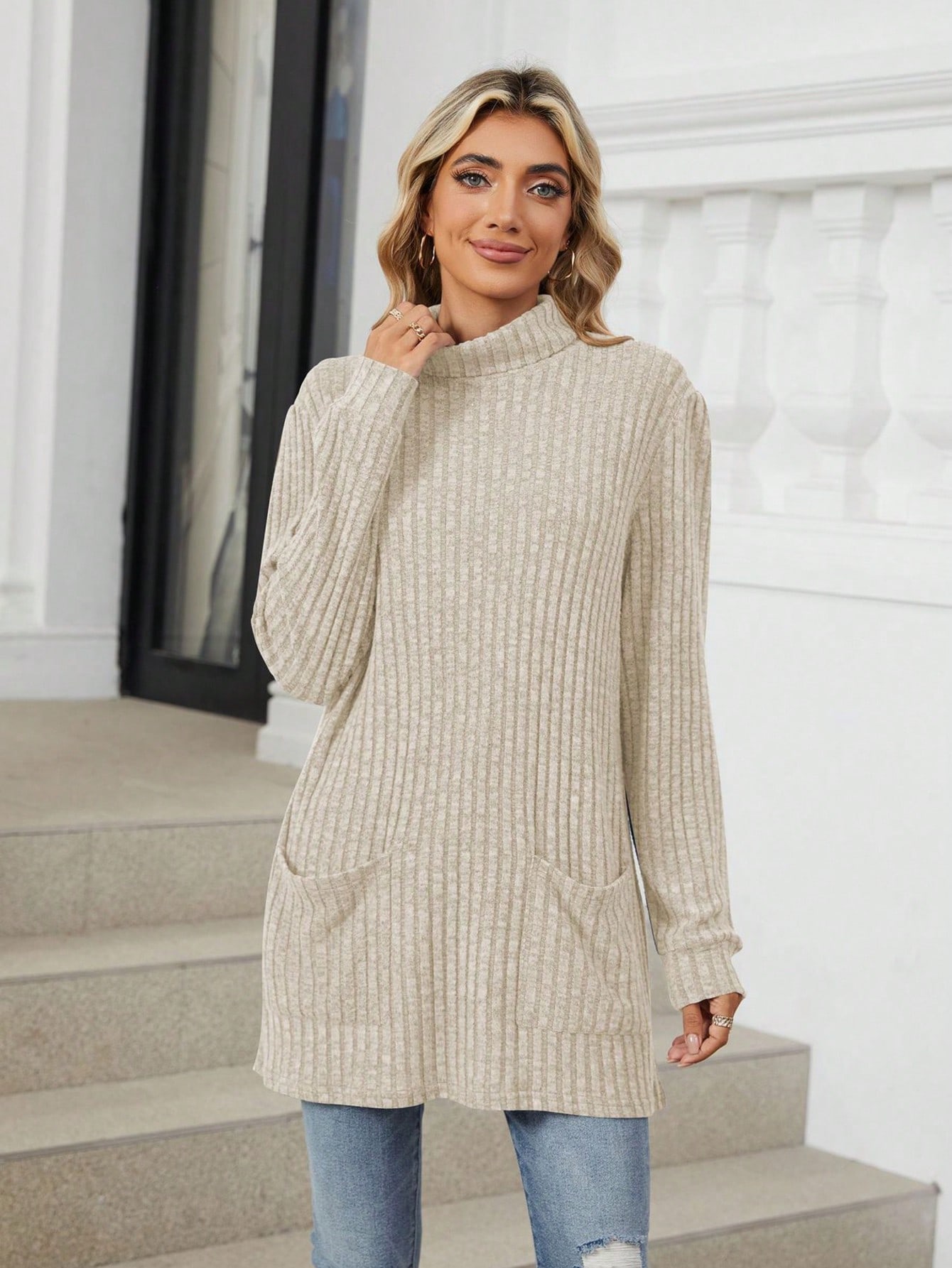 Women's Mock Neck Long Sleeve Ribbed Knit Tunic With Front Pockets - Bild 25 von 30