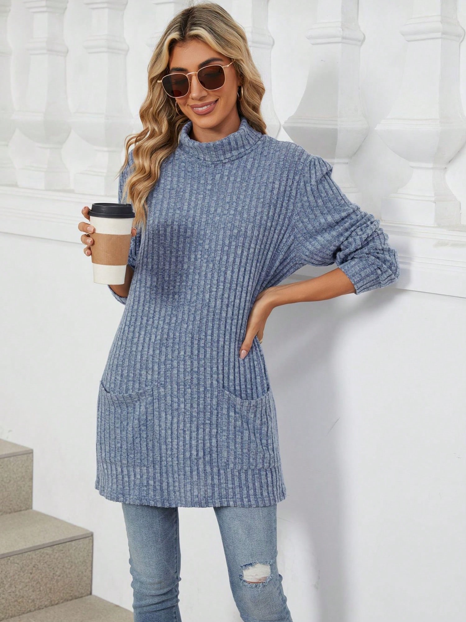 Women's Mock Neck Long Sleeve Ribbed Knit Tunic With Front Pockets - Bild 30 von 30