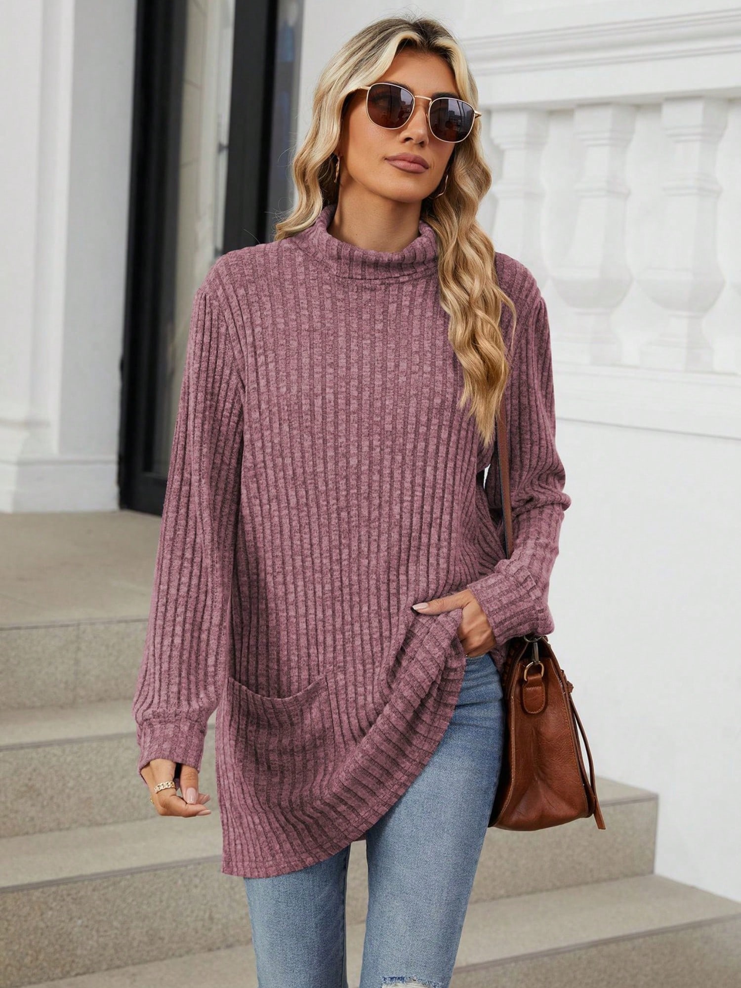 Women's Mock Neck Long Sleeve Ribbed Knit Tunic With Front Pockets - Bild 28 von 30