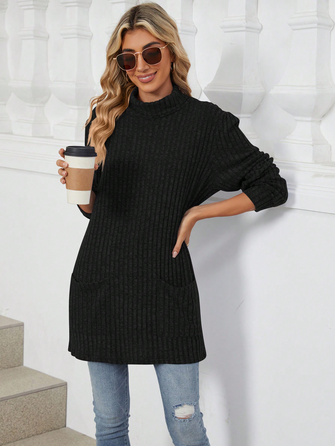 Women's Mock Neck Long Sleeve Ribbed Knit Tunic With Front Pockets - Bild 27 von 30