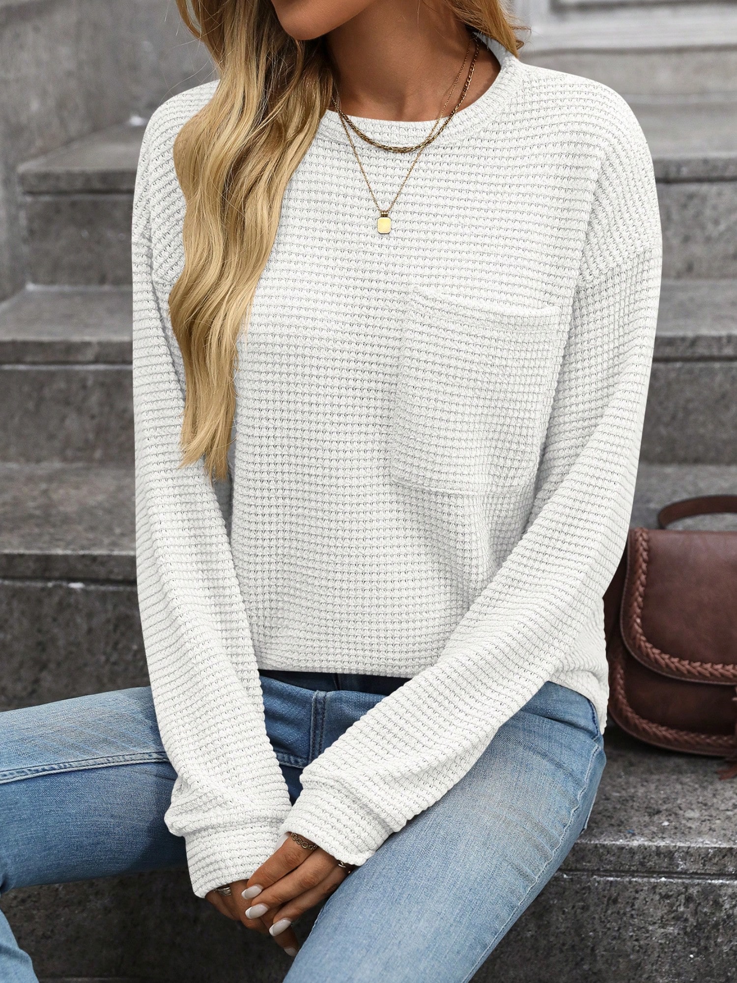 Damen Langarm Waffel Strick Top mit Fronttaschen Detail - Bild 24 von 24