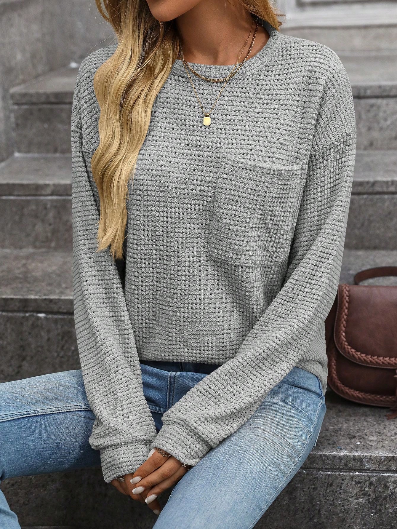 Damen Langarm Waffel Strick Top mit Fronttaschen Detail - Bild 23 von 24