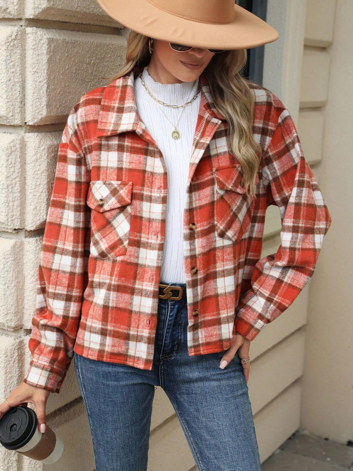 Women's Plaid Button-Up Shirt Jacket With Chest Pockets - Bild 12 von 12