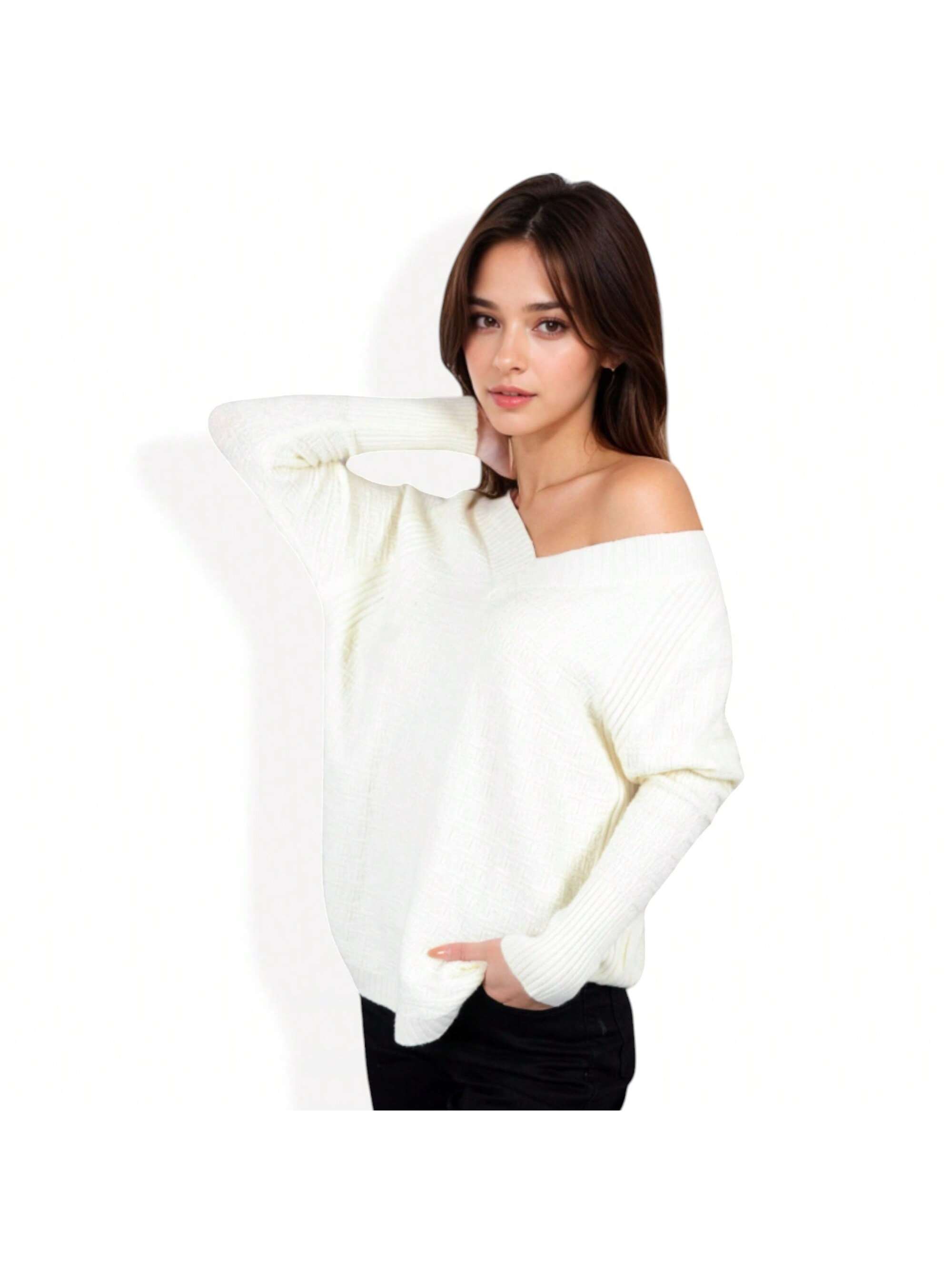 Women's Textured Knit Sweater With V Neckline And Ribbed Sleeves - Bild 18 von 18