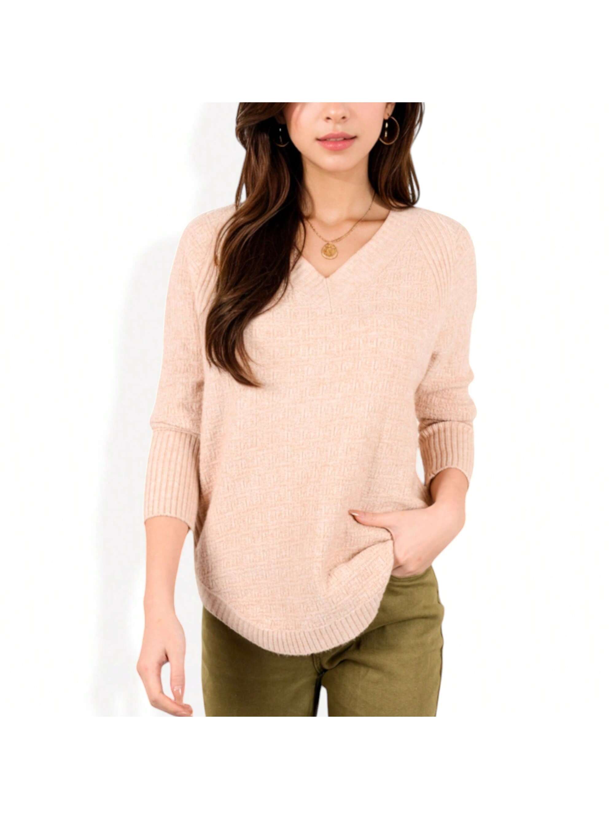 Women's Textured Knit Sweater With V Neckline And Ribbed Sleeves - Bild 17 von 18
