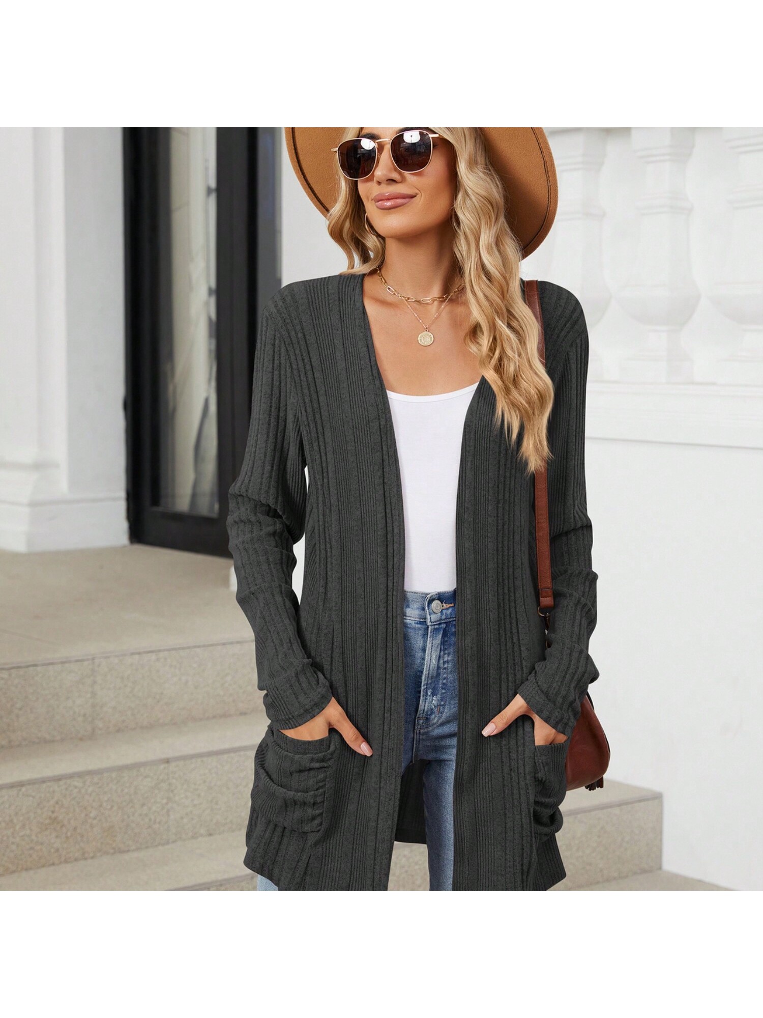 Women's Open Front Ribbed Cardigan With Long Sleeves And Front Pockets - Picture 25 of 29