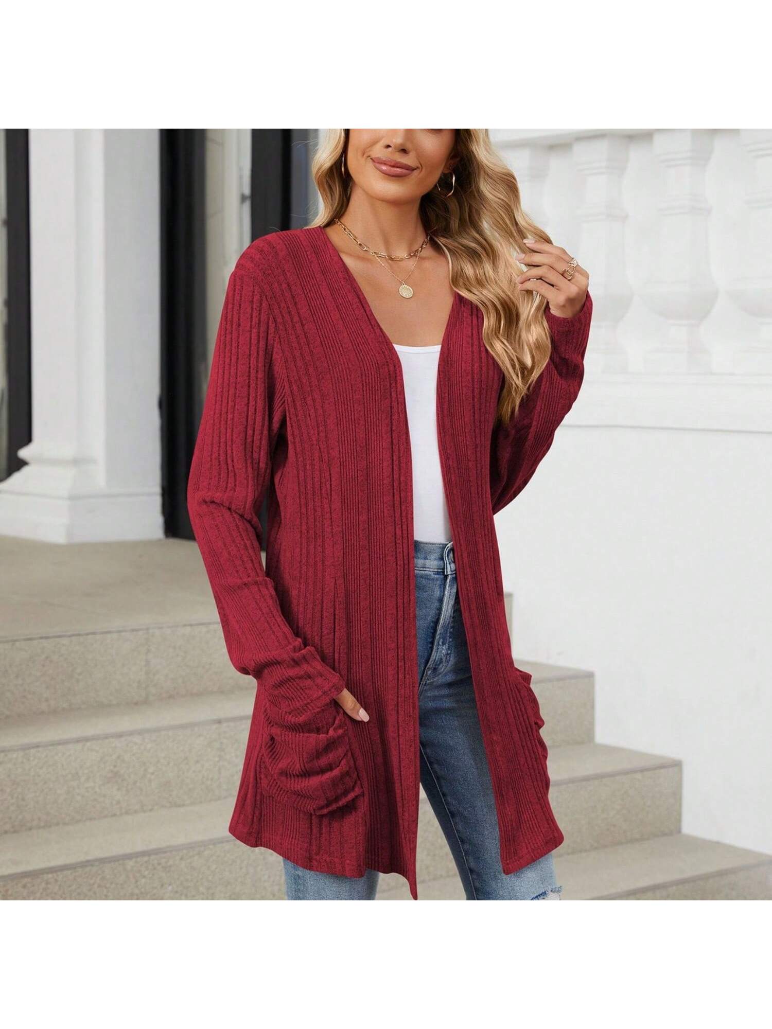 Women's Open Front Ribbed Cardigan With Long Sleeves And Front Pockets - Picture 29 of 29