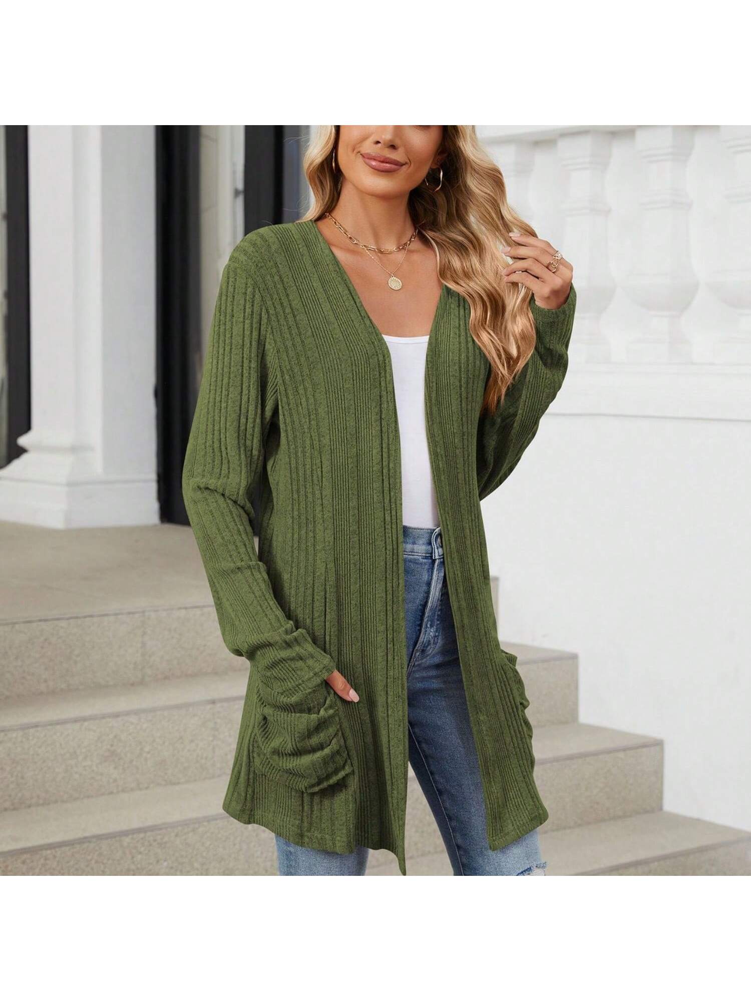 Women's Open Front Ribbed Cardigan With Long Sleeves And Front Pockets - Picture 27 of 29