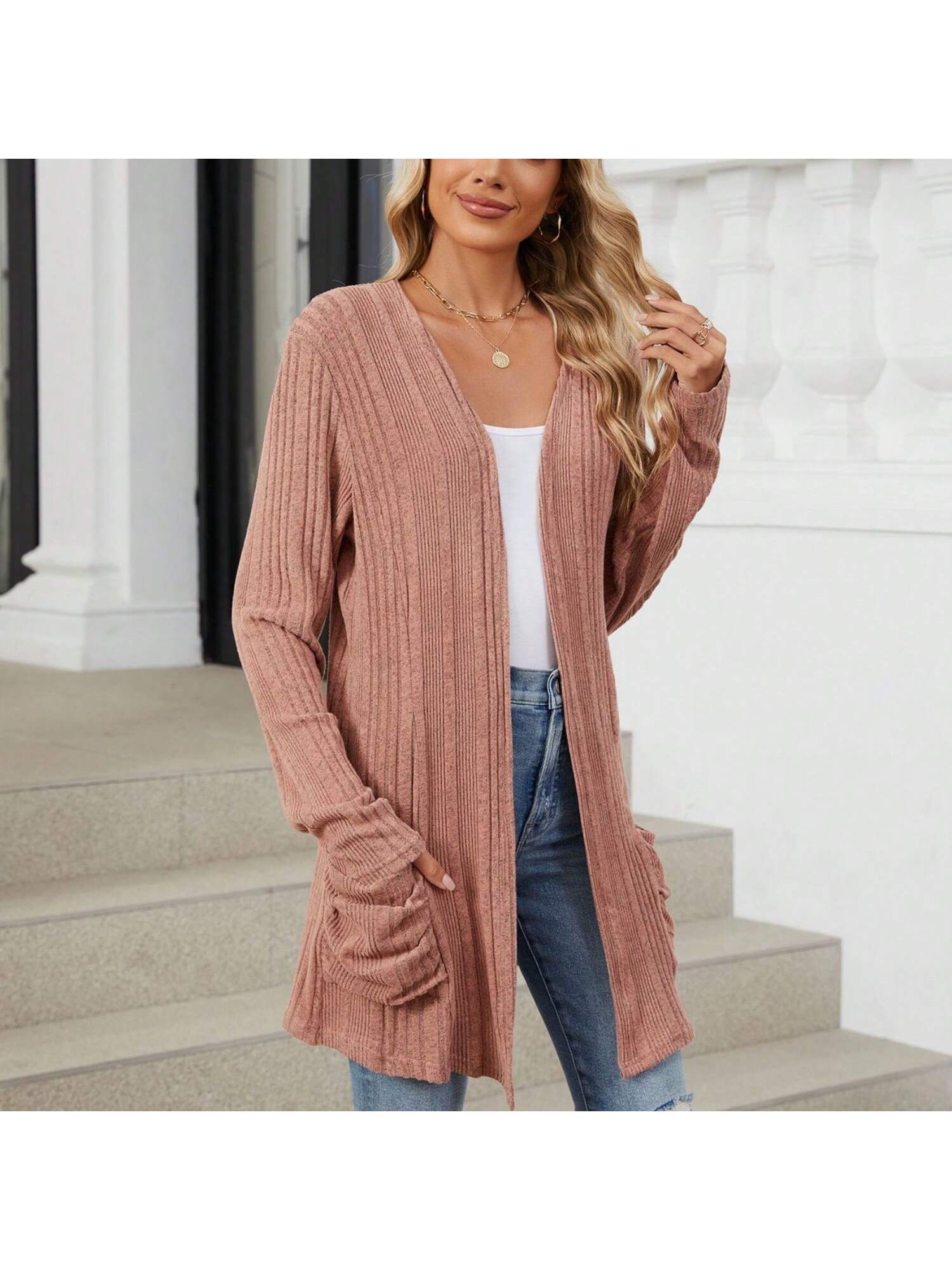 Women's Open Front Ribbed Cardigan With Long Sleeves And Front Pockets - Picture 28 of 29